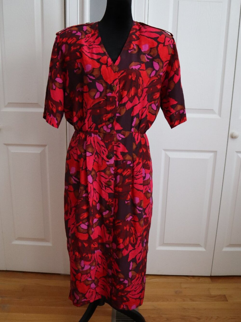 Vtg St. Gillian 100% Silk Dress Abstract Floral Sheath Pencil Dress Sz 14 Red
